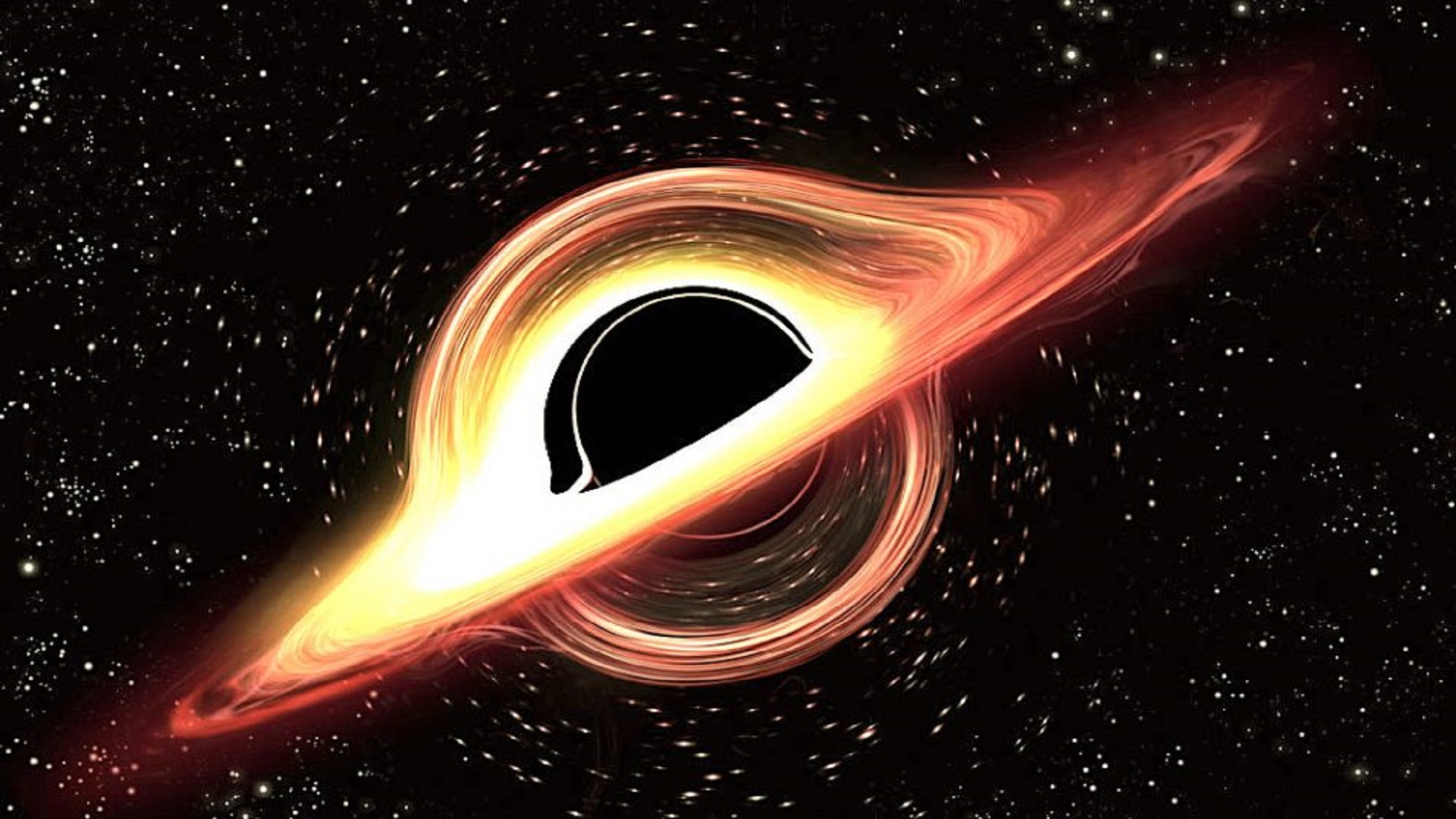 Illustration d’un trou noir entouré d’un disque lumineux d’accrétion dans l’espace.